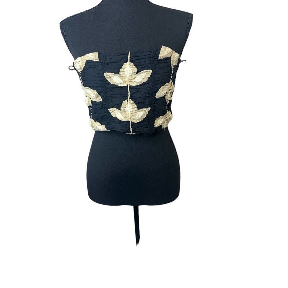 NWT ZARA Black Floral Embroidered Draped Smocked Strapless Tube Top Bandeau M